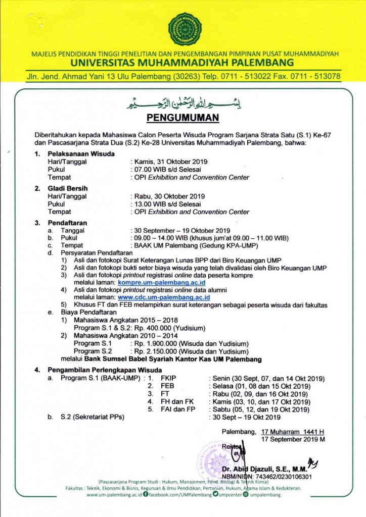Pengumuman Wisuda UMPalembang 2019