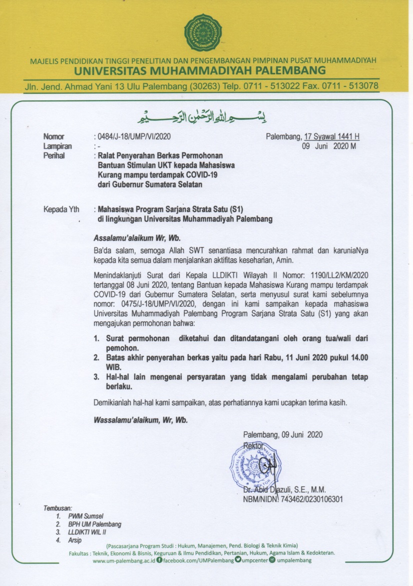 Ralat Penyerahan Berkas Permohonan Bantuan Stimulan Ukt Kepada Mahasiswa Kurang Mampu Terdampak Covid 19 Dari Gubernur Sumatera Selatan Universitas Muhammadiyah Palembang